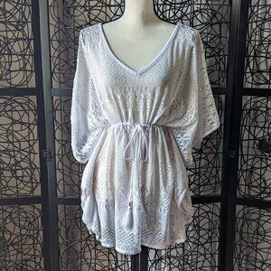 Time & Tru XL (16-18) white beach cover up with gold beads and drawstring waist
